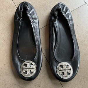 Tory Burch Black Rhinestone Logo Leather Ballet Flats Size 37-6.5 US